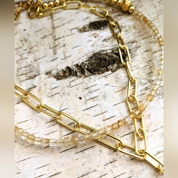 Natural Citrine And Gold Beads In Long Two Strand Gold Paperclip Necklace - Picture 9 of 12